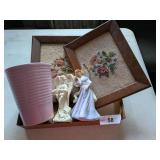 (2) Cross Stitched Pictures, Angel Figurines &