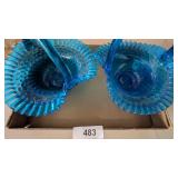 (2) Vintage Fenton Glass Blue Hobnail Baskets w/