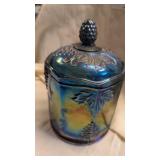 Blue Iridescent Carnival Glass Biscuit Jar /