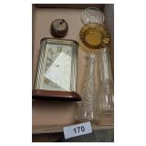 Brass Lidded Ashtray, Clock, Bud Vases & Other