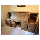 Oak Finish Roll Top Desk w/ (2) Side Units