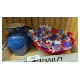 Le Creuset Blue Pitcher + Red Serving Bowl &