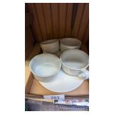 (4) White Soup Mugs & (1) White Sandwich Plate