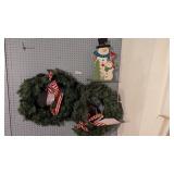 (4) Green Christmas Wreaths + Glittery Snowman