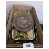 Currier & Ives Tray + Other Brass & Metal Decor
