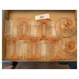 Pink Candlestick Holders + (5) Etched Goblets
