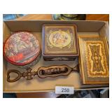 Hand Carved Spoon, Wood Music Box, + (2) Tins