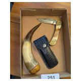 Folding Knife marked Pakistan + Powder Horn