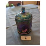 Blue Iridescent Carnival Glass Biscuit Jar w/