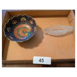 Peacock Brass Bowl & Small Pressed Glass Canoe