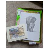 Small Watercolor + Elephant Pencil Drawing, +