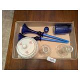 Candle Sticks, Blue Jar, Vicks Jar &