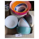 Plastic Bowls, (8) Blue Floral Melmac Plates &