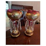 (2) Red Ornate Candle Holders w/ Prisms,