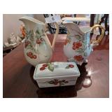 (2) Hand Painted Pitchers & A Butter Dish