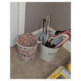 Metal Bucket w/ Clothes Hangers & Woven Basket