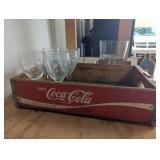 Wood Coca-Cola Crate + (6) Etched Wine Glasses