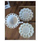 (2) Milk Glass Egg Plates + Bowl