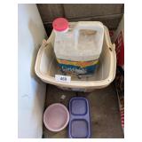 Cat Litter Box, Bowls & Partial of Litter