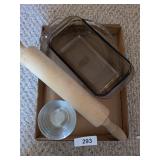 Wood Rolling Pin, Glass Pie Plates, Loaf Pan &