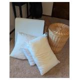 Wicker Laundry Hamper + Assorted Pillows