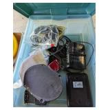 Tote w/ Lid + Some Speakers, Cords & Other