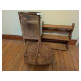 Vintage Washboard, Wooden Shelf & Wicker Basket