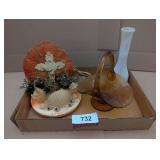 Milk Glass Bud Vase, Amber Gold Basket &