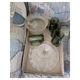 (4) Green Glass Mugs, Clear Glass Candy Dish, +