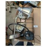 (2) Desk Lamps, Sunbeam Iron, Clock & Other