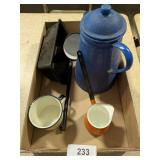 Enamelware Coffee Pot, Cup, Ladle & Other