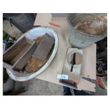 Galvanized Bucket, Red Enamelware Pan, +