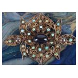 FILIGREE ORIENTAL GOLD-TONE 925 BROOCH W TURQUOISE
