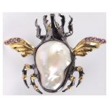 STERLING SILVER BROOCH WINGED SCARAB W/ PEARL