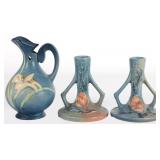 ROSEVILLE MAGNOLIA BLUE CANDLEHOLDERS & EWER