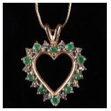 10K GOLD EMERALD DIAMOND PENDANT W/ 14K NECKLACE