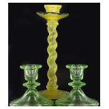 ANTIQUE VASELINE GLASS URANIUM CANDLE HOLDERS (3)