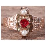 10K YELLOW GOLD LADIES RING W/ RUBY & PEARLS