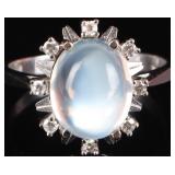 VINTAGE 14K WHITE GOLD MOONSTONE & DIAMOND RING