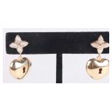 14K YELLOW GOLD HEART KEY LOCK LADIES EARRINGS