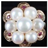 7.6-6.0MM PEARL & RUBY 14K YELLOW GOLD RING