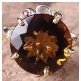 18CT LARGE COGNAC QUARTZ STERLING SILVER RING