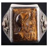 925 & 10K CARVED TIGER EYE ROMAN SOLDIER RING