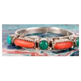 STERLING SILVER TURQUOISE & CORAL LADIES RING