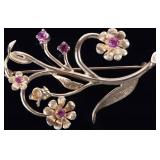 14K YELLOW GOLD FLORAL BROOCH W/ FIVE RUBY GEMS