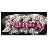 VINTAGE 10K WHITE GOLD RUBY & DIAMOND BYPASS RING