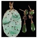14K YELLOW GOLD ASIAN STYLE EARRINGS PENDANT JADE
