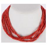 STERLING SILVER CORAL BEAD NECKLACE FIVE STRAND
