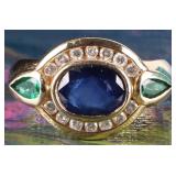 14K YELLOW GOLD LADIES RING W SAPPH EMERALD DIAS