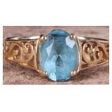 14K YELLOW GOLD BLUE TOPAZ FILIGREE LADIES RING